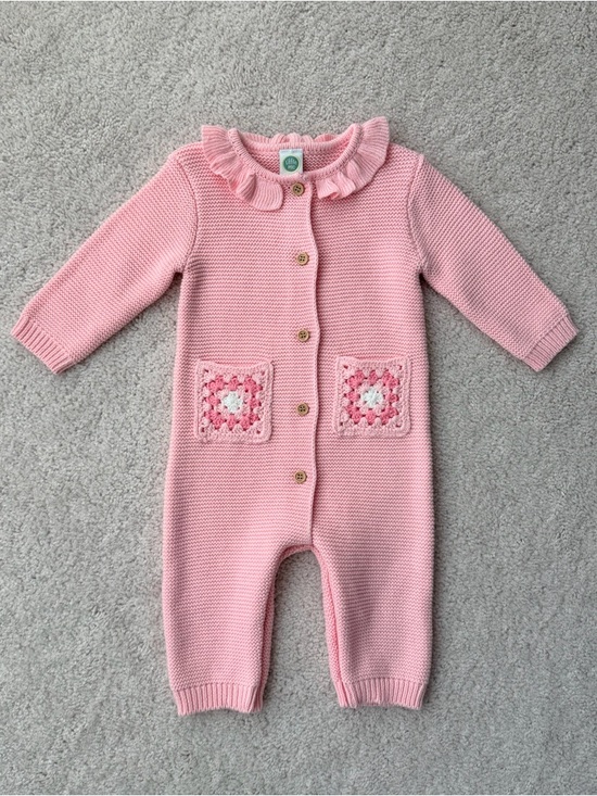 Little Me Other - Little Me Pink Knit One-Piece with Crochet Pocket and ruffled neckline